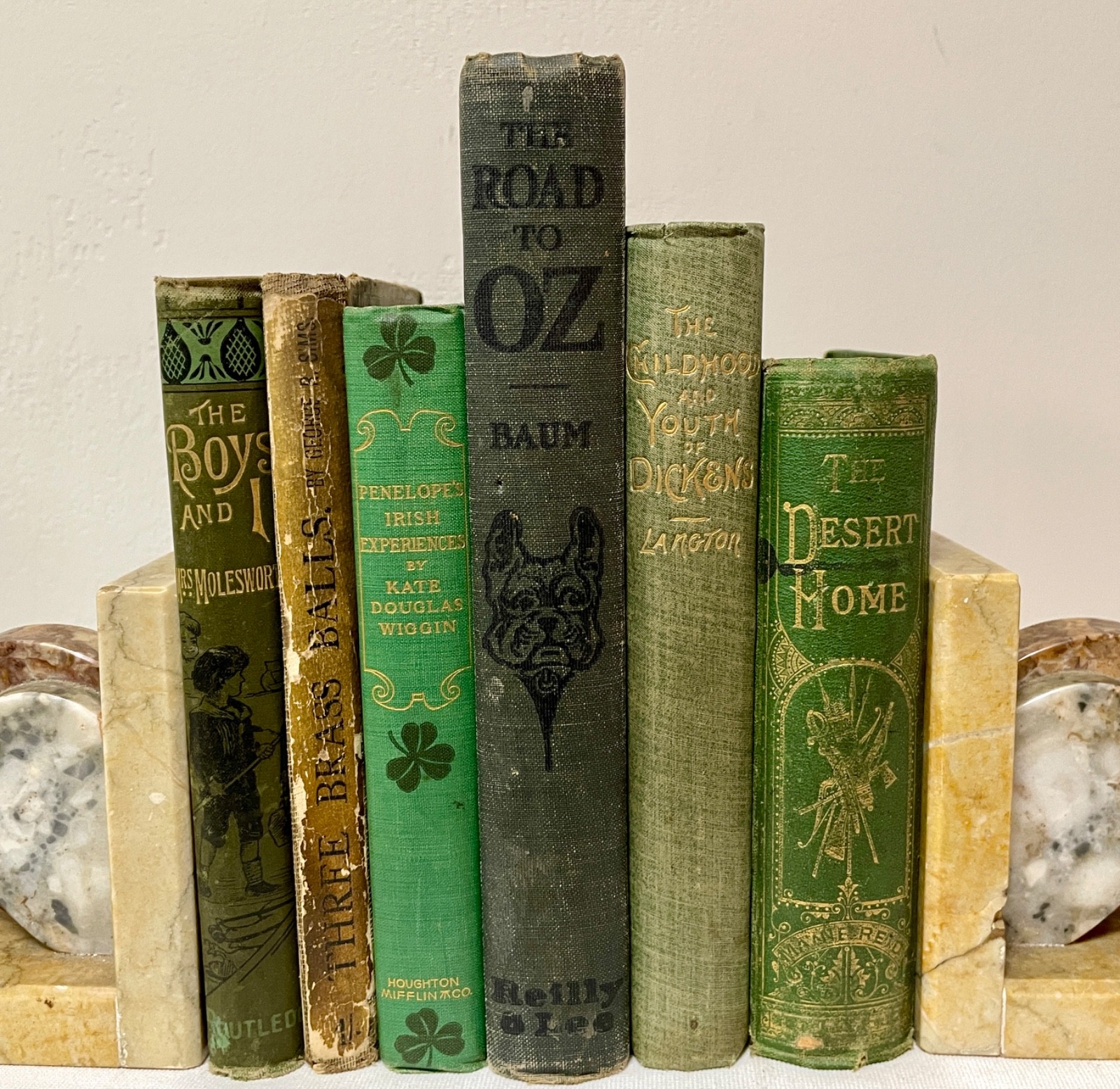 Antique Decorative Green 6 Books Lot 1868-1909 Illustrated Oz Dickens Victorian