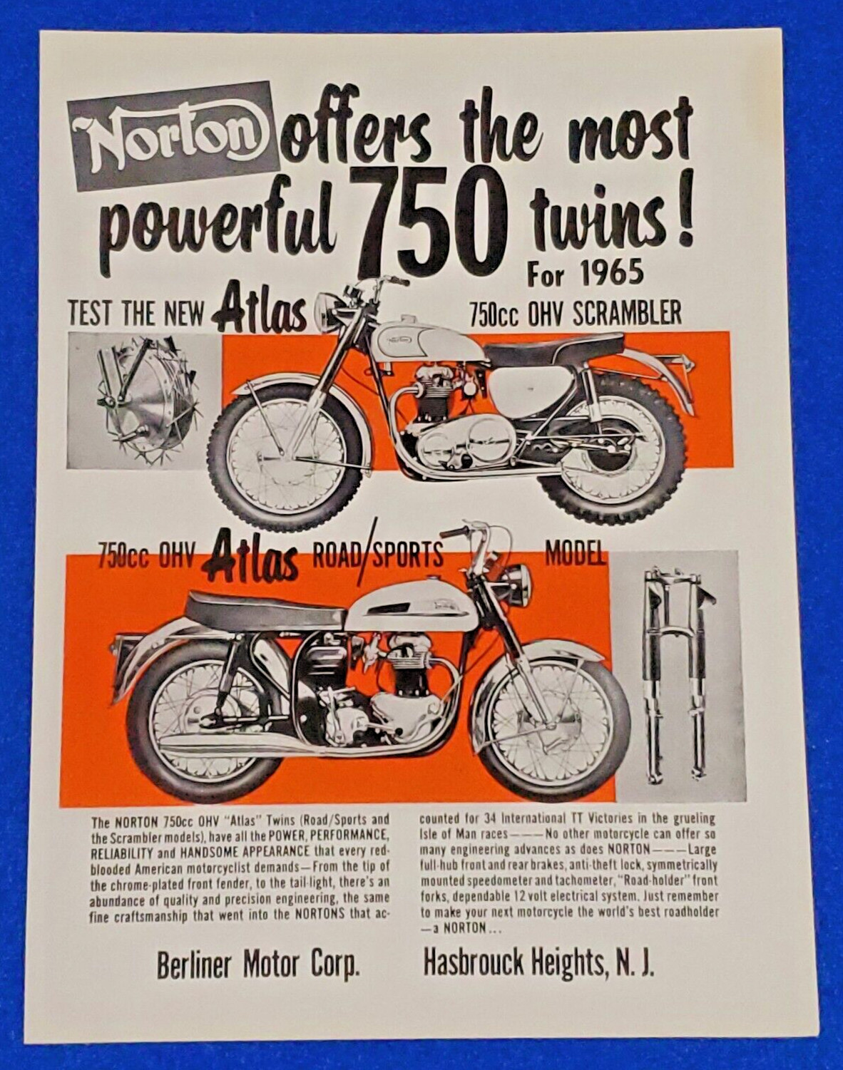 1965 NORTON CLASSIC 750cc MOTORCYCLE ATLAS TWIN ROAD/SPORT & SCRAMBLER PRINT AD