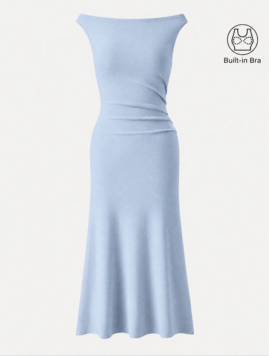 OGL 	Elegant Boatneck Tucked Fit-and-Flare Midi Bra Dress Powder Blue / L