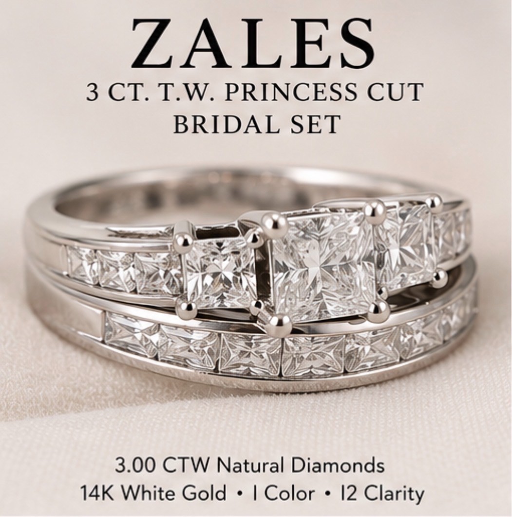 Zales 3 CTW Natural Diamond Princess Cut Bridal Set 14K White Gold I I2