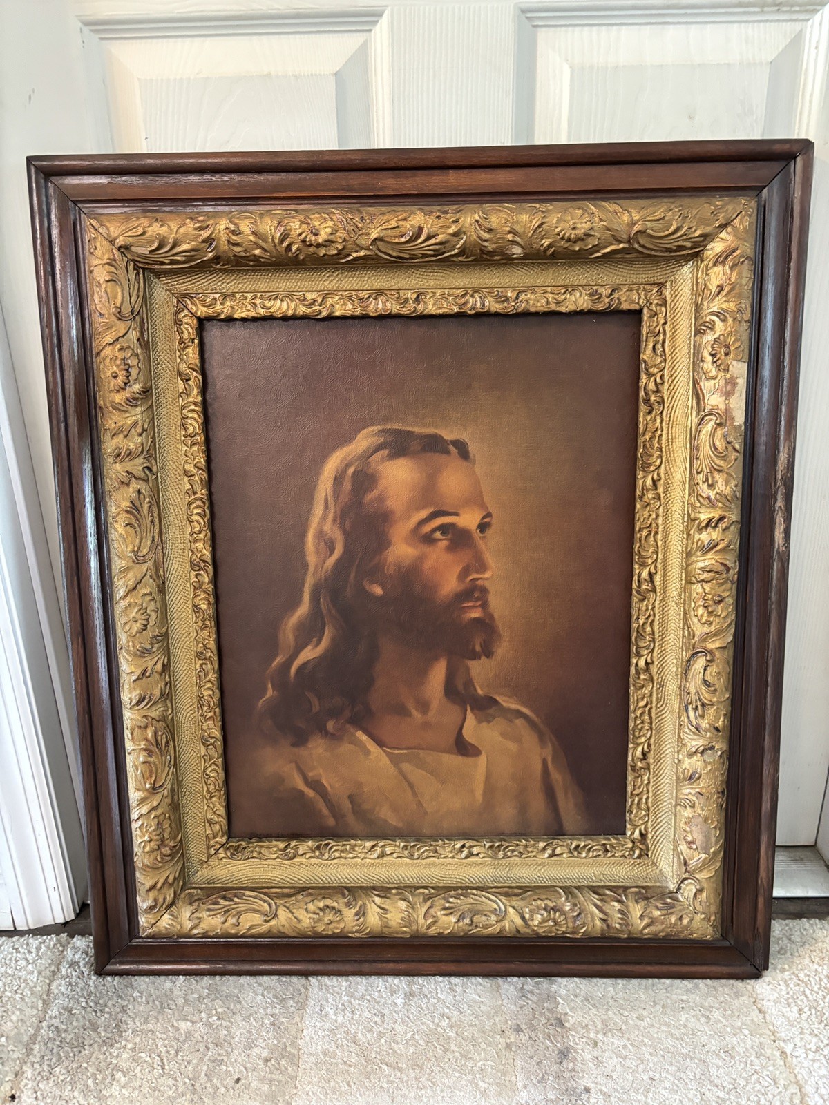 Vintage 1941 WARNER SALLMAN, HEAD OF CHRIST Framed, 29x25” Jesus Religious Art