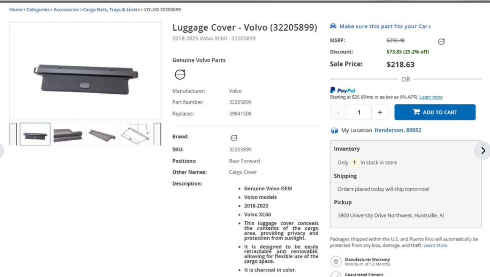Genuine OEM VOLVO XC60 Rear Privacy Luggage Trunk Cargo Cover 18-25 32205899