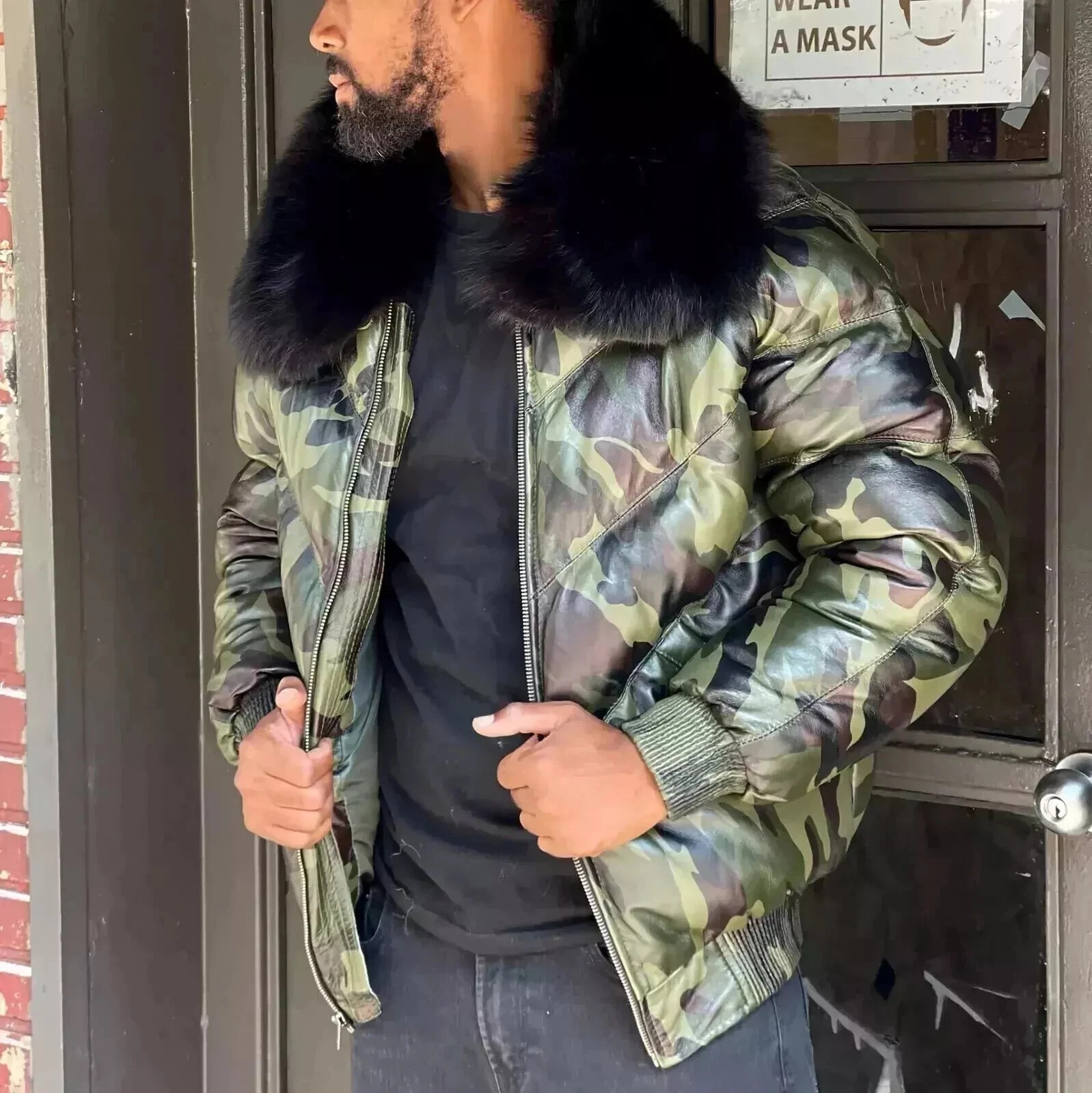 NEW Men\'s Leather Camo 100% Duck Down V-Bomber Real Fur Collar Sheepskin Jacket