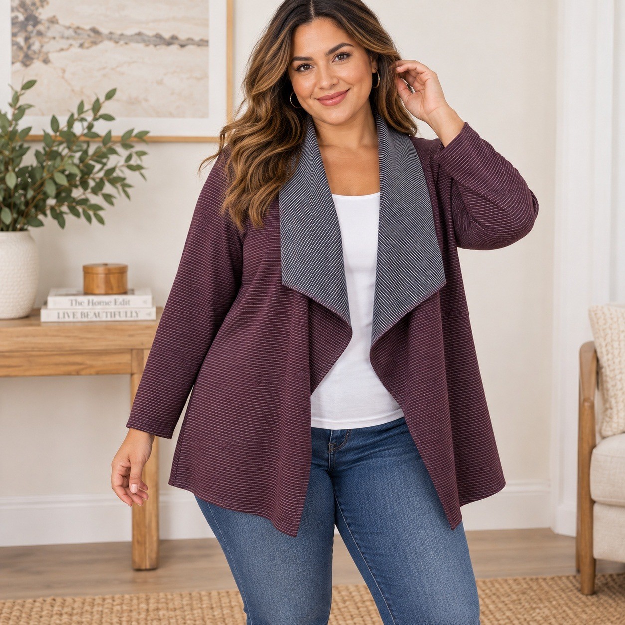 Weekends by Chico\'s Reversible Drape Neck Cardigan Bordeaux Grey Striped Size 3