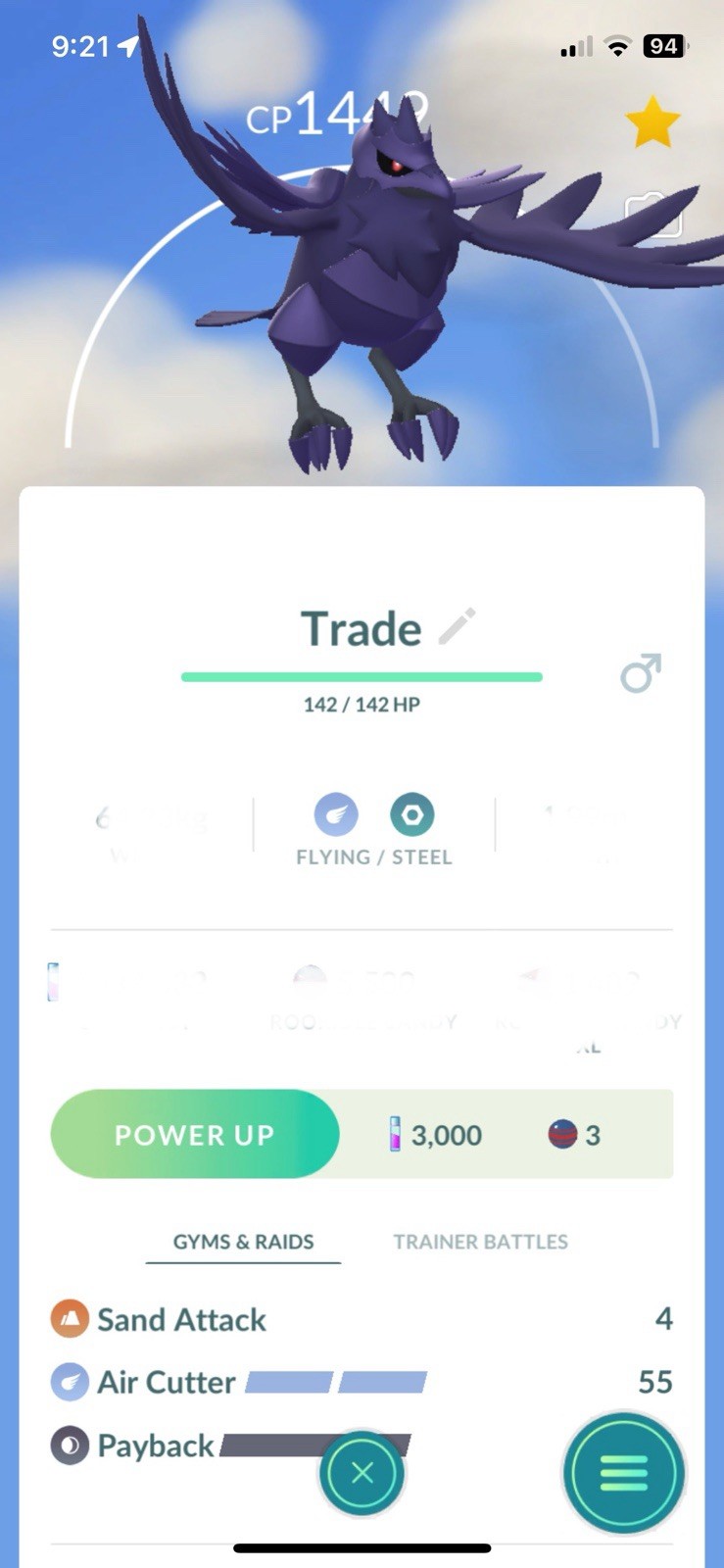 Corviknight  Great League Legacy Air  Cutter, PvP, 2 Charge , Under 1500 PKMN Go