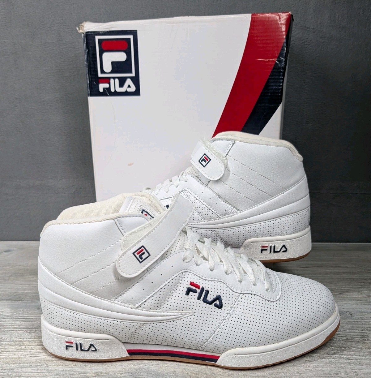 Fila Mens 12 White Navy Red F13 Perf Leather High Top Retro Sneakers Gum Trainer