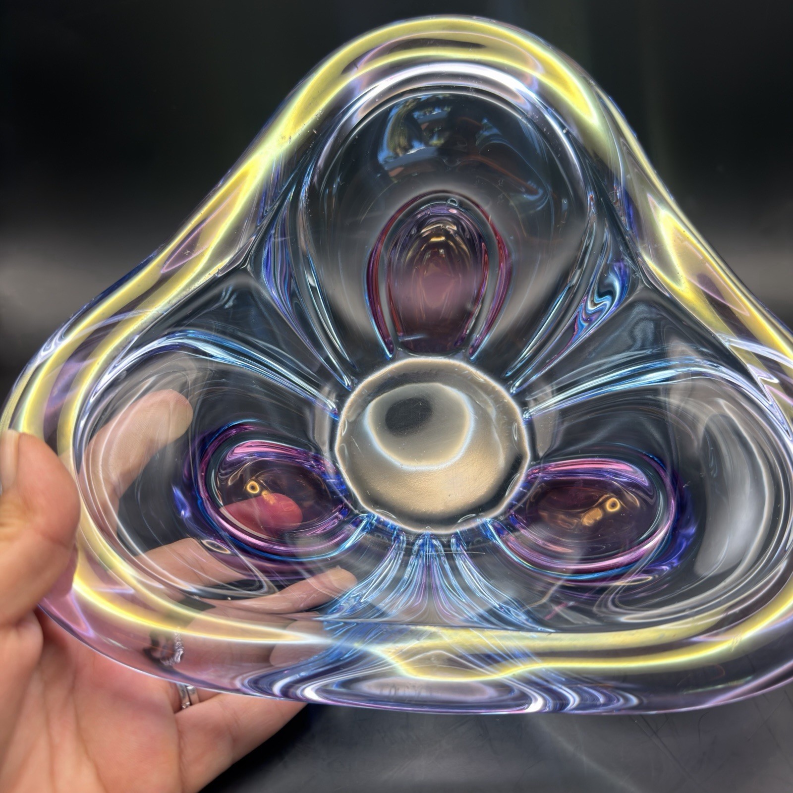 Vintage Murano Style I Art Glass Triangle Bowl Blue Pink Thick Heavy Vintage Murano Style I Art Glass Triangle Bowl Blue Pink Thick Heavy