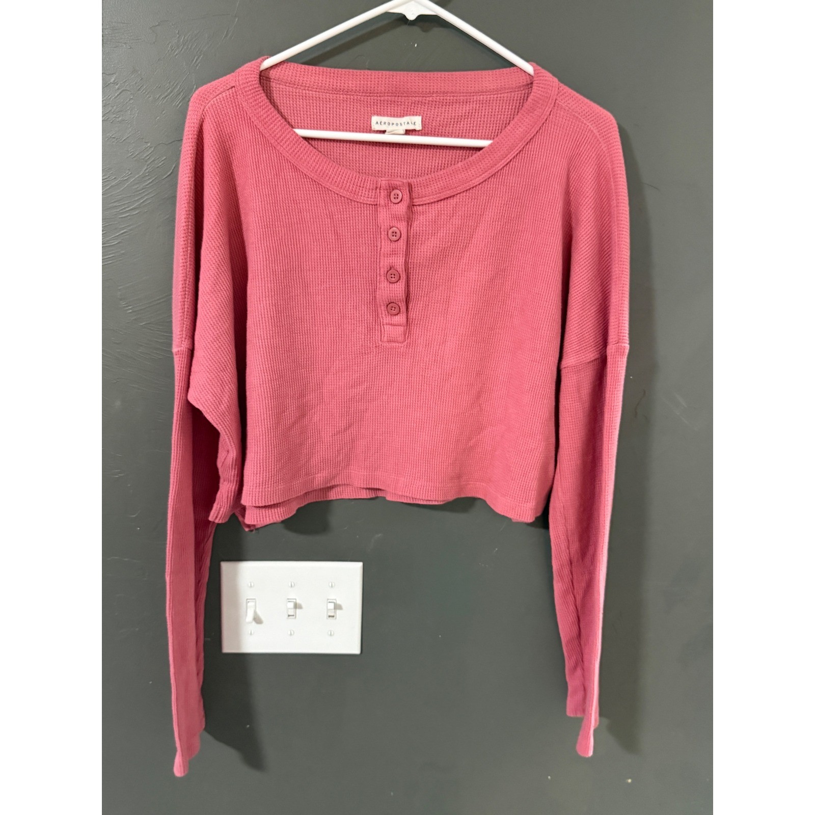 Aeropostale Pink Waffle Knit Cropped Henley Long Sleeve Top Medium