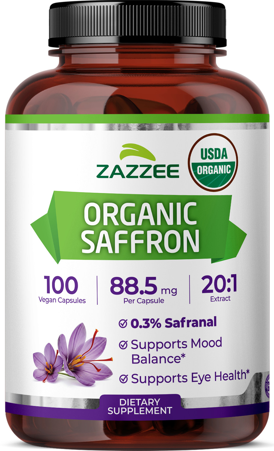 USDA Organic Saffron 20:1 Extract, 88.5 mg, 0.3% Safranal, 100 Vegan Capsules