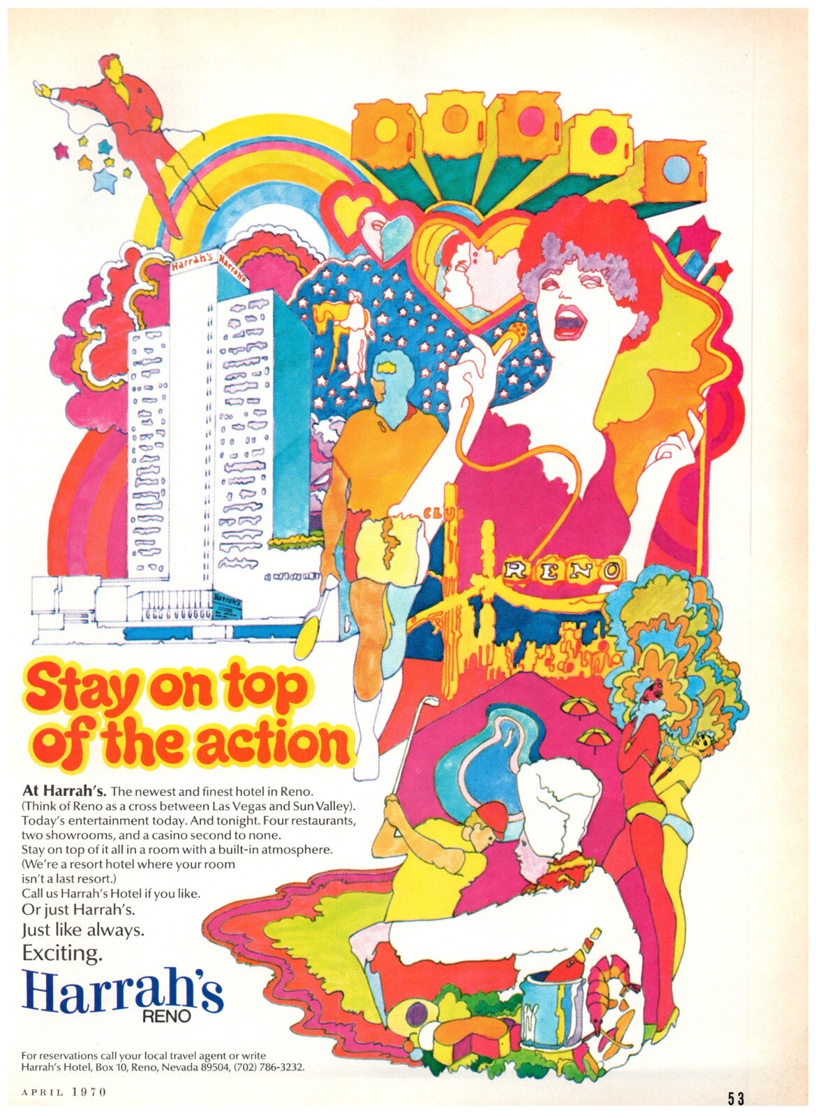 1970 Harrah's Reno Print Ad, Hotel & Casino Stay Top Action 70's Psychedelic Art