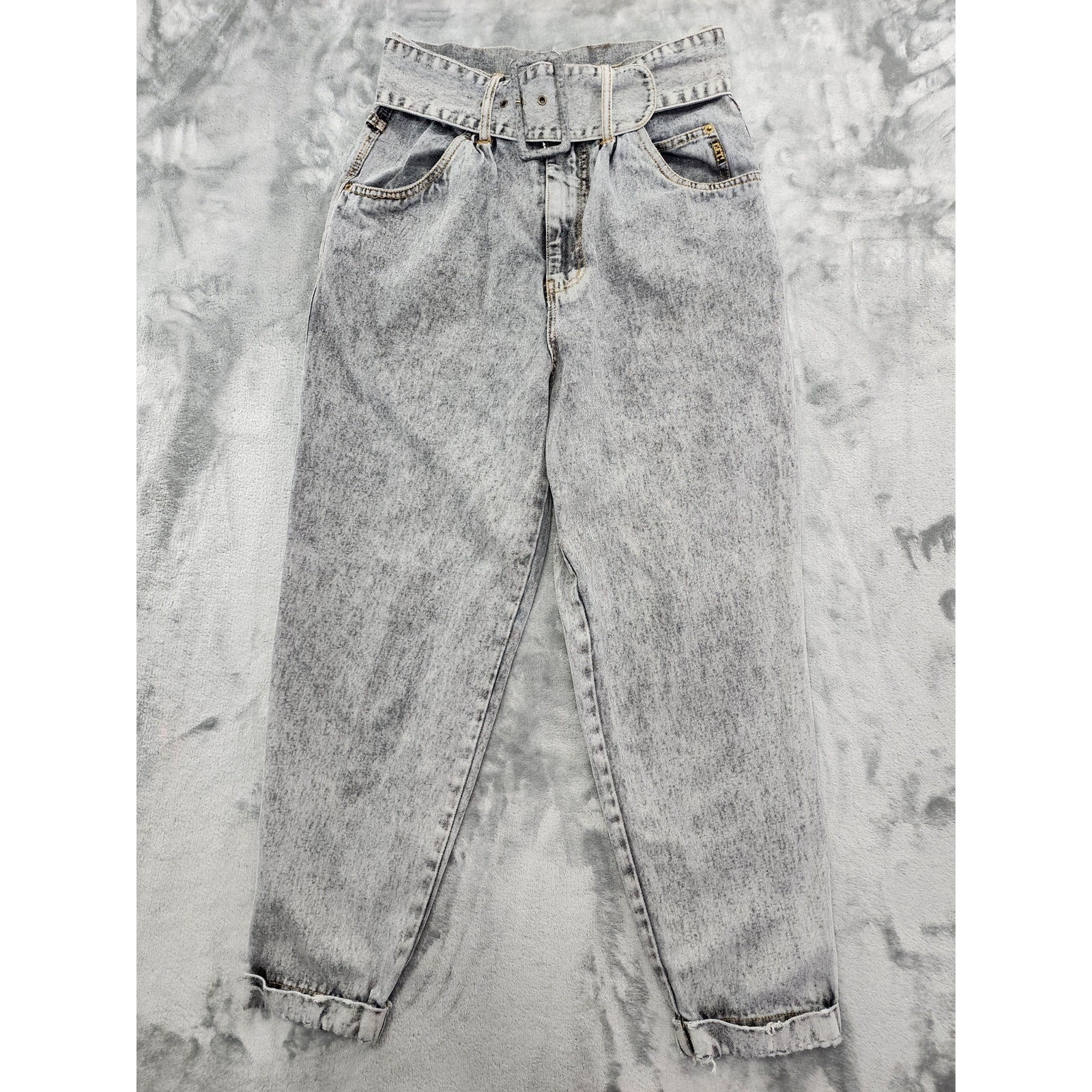 Vintage GET Jeans Womens 27 Gray Acid Wash Super High Rise Belted Cuffed Grunge