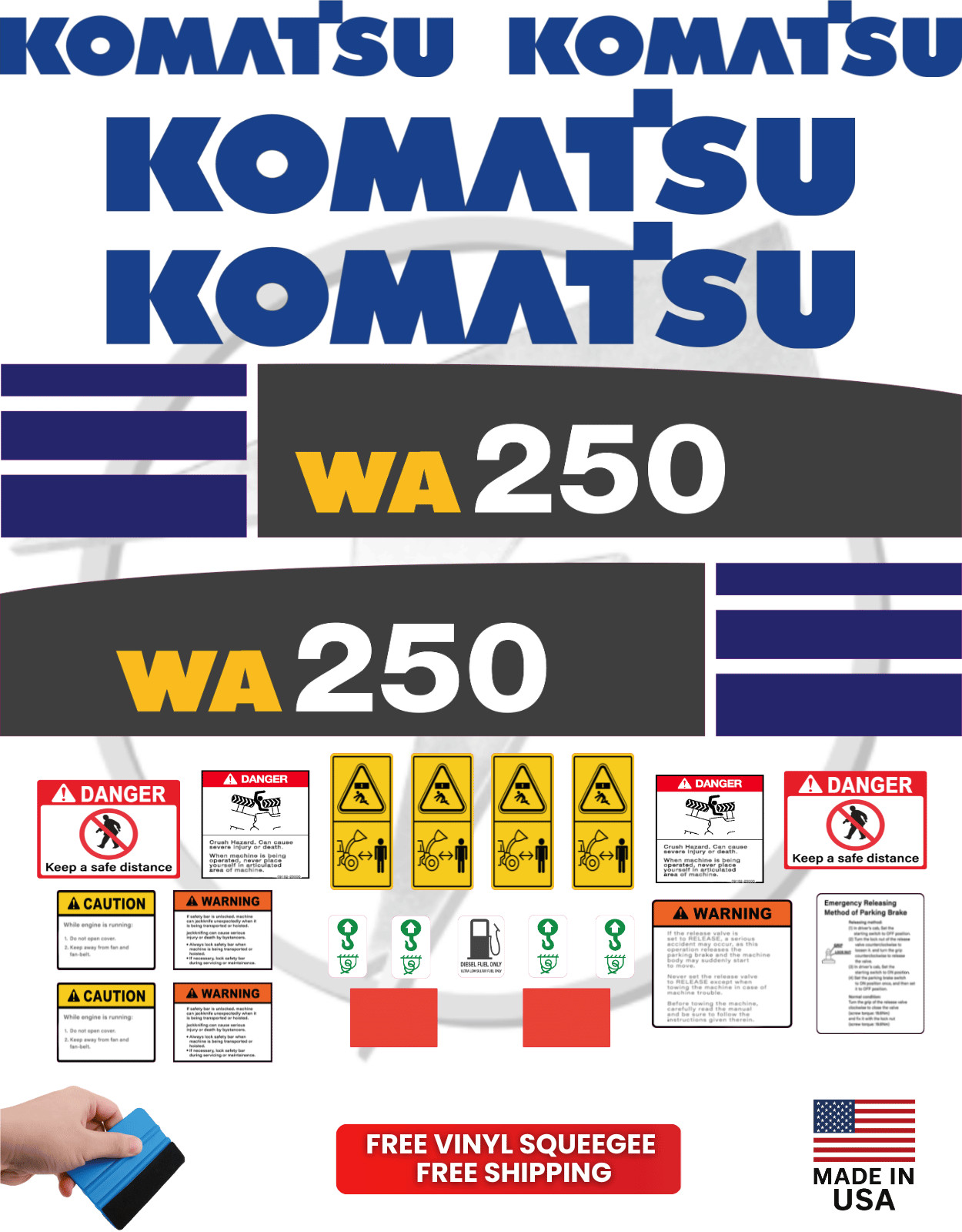 Fits Komatsu WA250 Decal Kit Wheel Loader Stickers – 3M Vinyl – Fits Komatsu WA250 Decal Kit Wheel Loader Stickers – 3M Vinyl –
