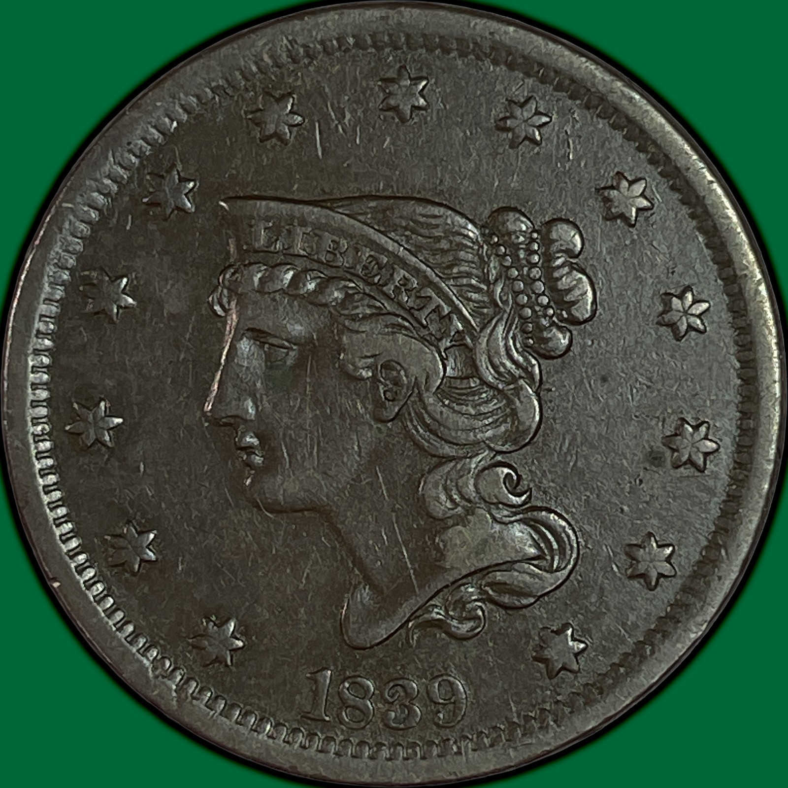 1839 Head of 1840 Braided Hair Large Cent Choice Extremely Fine XF+/AU #45426