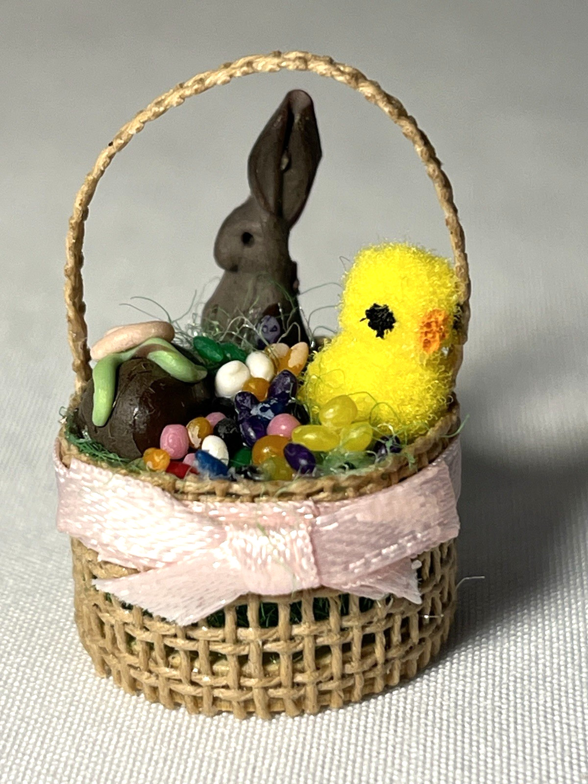 Dollhouse Artisan Miniature Easter Basket Bunny Chick Egg Jellybeans Signed BJH