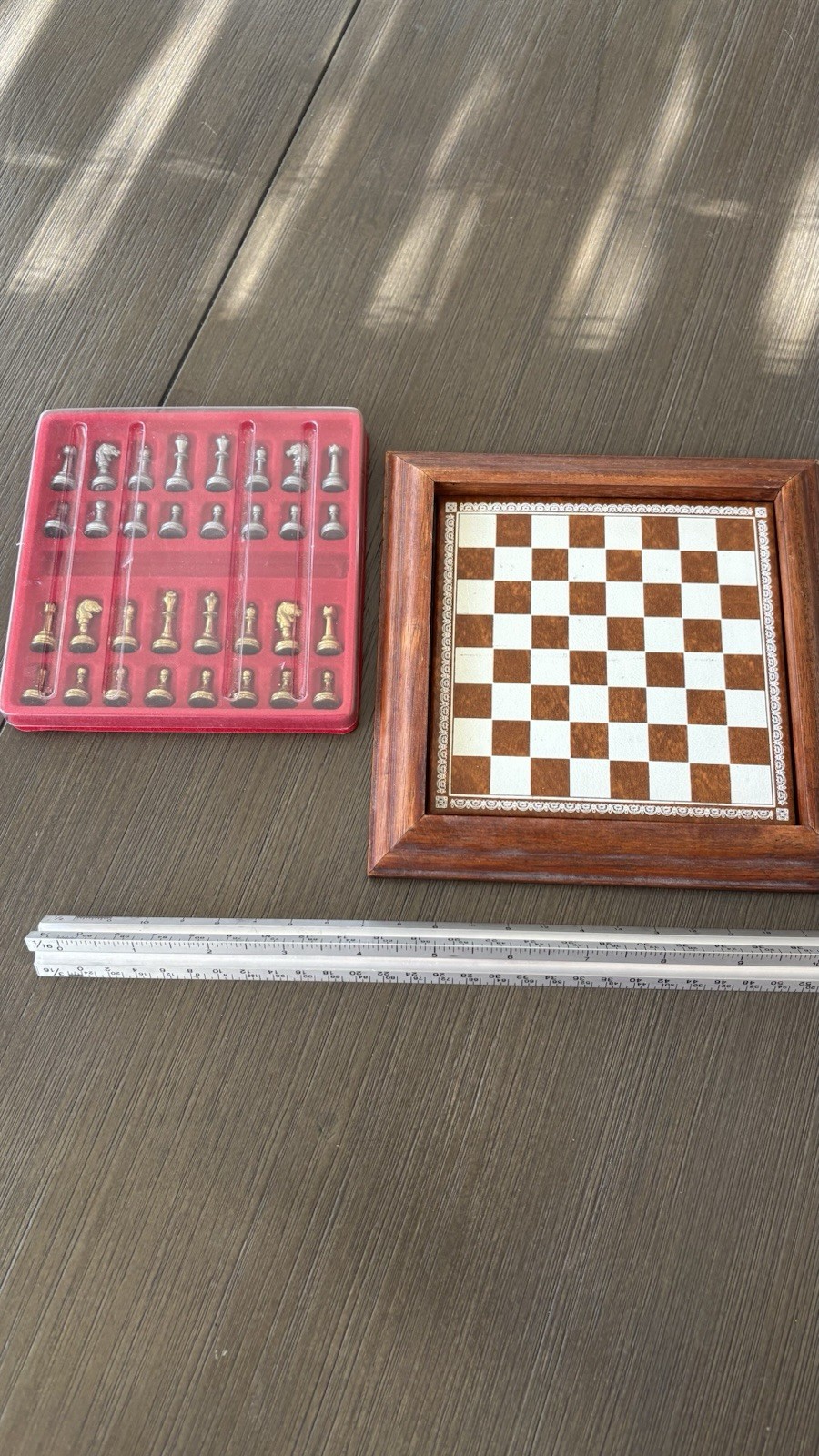 Vintage Miniature Chess Set Wood Board Gold Silver Tone Metal Pieces Complete