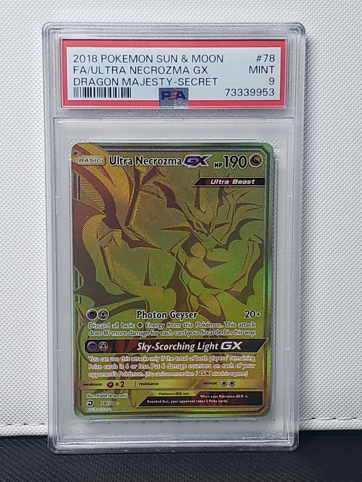 Secret Rare Ultra Necrozma GX 78/70 Sun & Moon Dragon Majesty PSA 9 MINT Pokémon