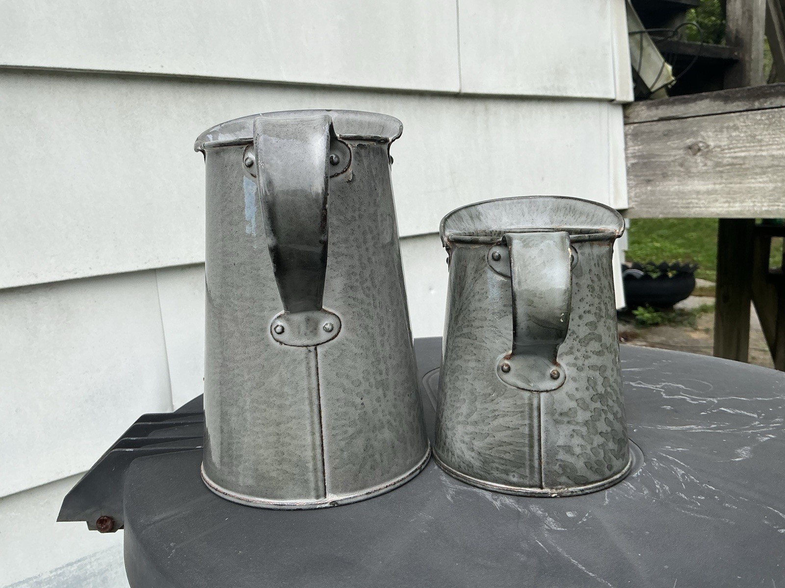 RARE MEASURE TINY EARLY GRAY RIVETED BEAUTIFUL GRANITE ENAMELWARE ANTIQUE each