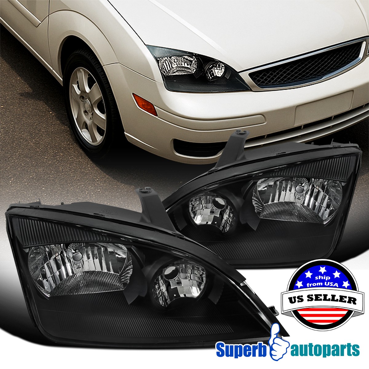 Black Fits 2005-2007 05-07 Ford Focus Headlights Lamps Replacement L+R
