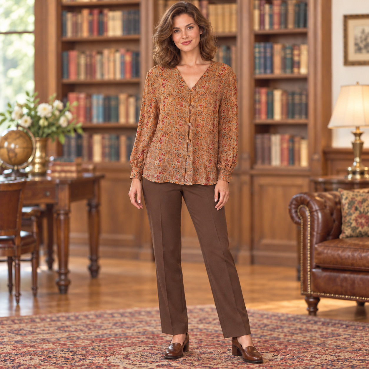 Vtg Tess 100% Silk Blouse M Floral Print Brown Cottage Core Boho Dark Academia