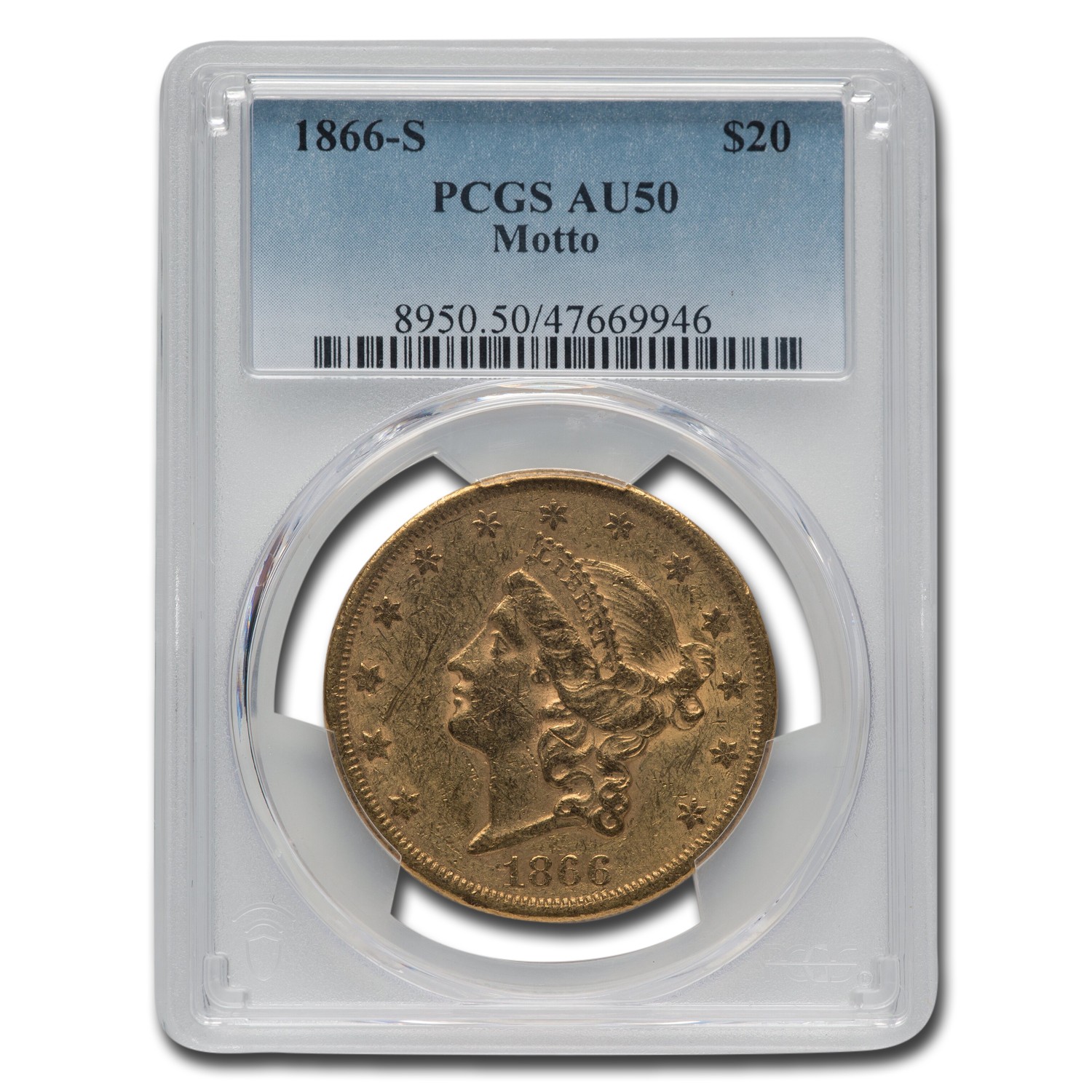 1866-S $20 Liberty Gold Double Eagle w/Motto AU-50 PCGS