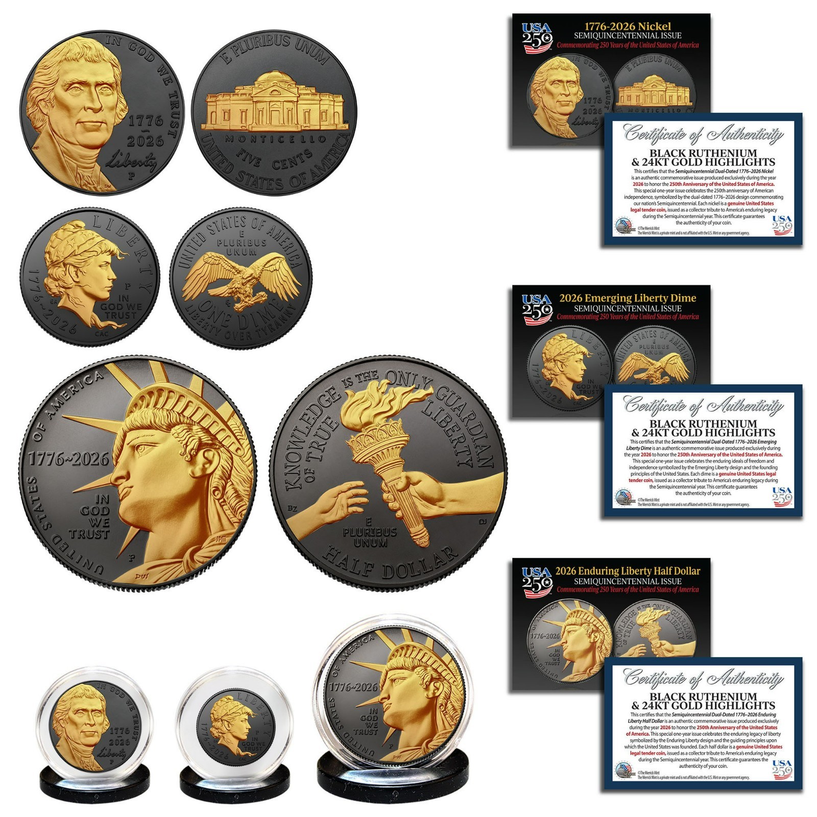 2026-P Enduring + Emerging + Jefferson 3-Coin Set BLACK RUTHENIUM & 24K GOLD