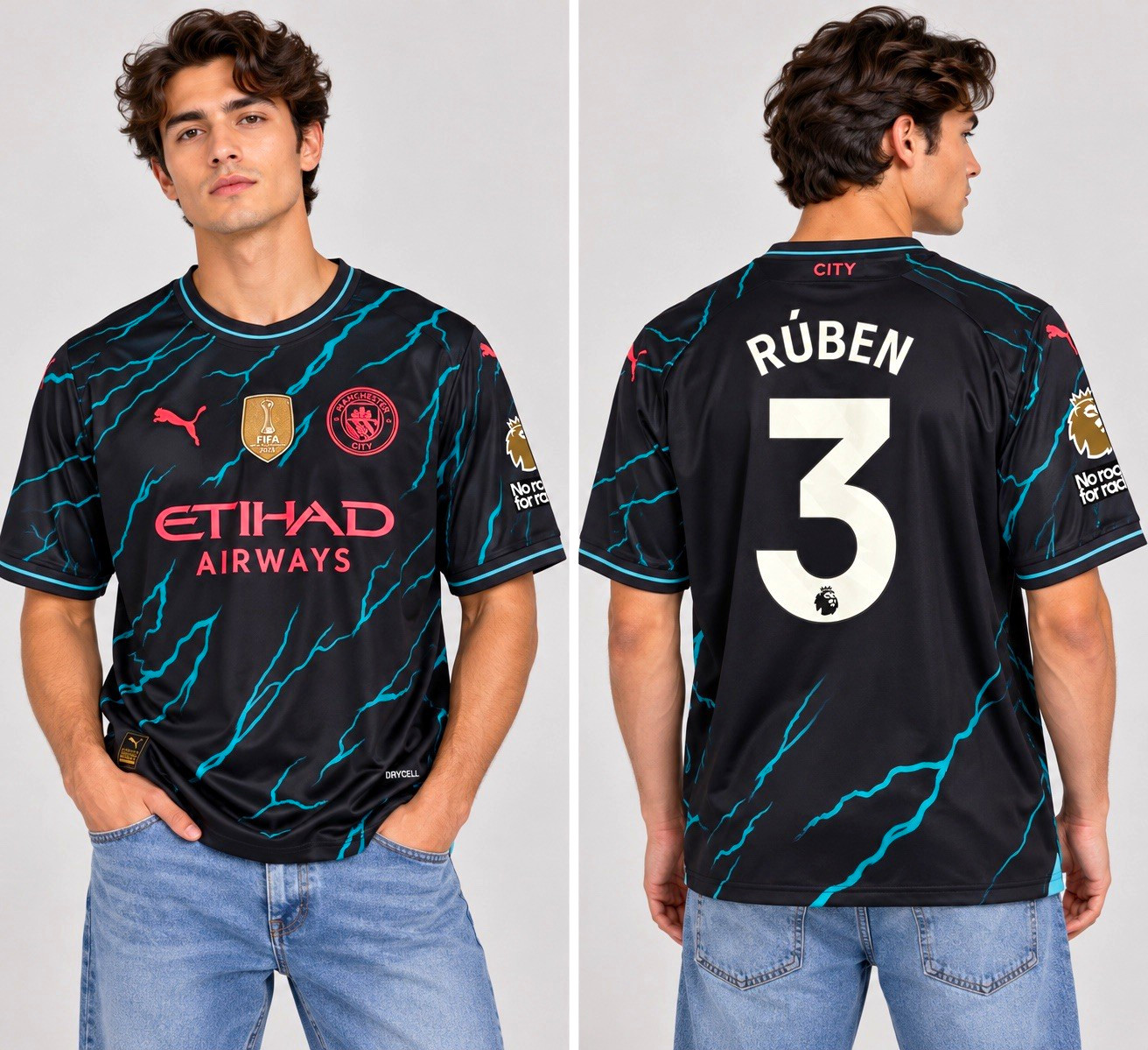 PUMA Manchester City Rúben #3 Etihad Airways Black/Blue Soccer Jersey PUMA Manchester City Rúben #3 Etihad Airways Black/Blue Soccer Jersey