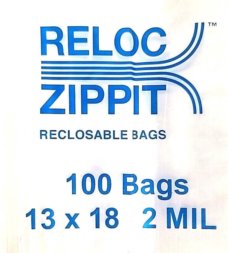 100 RELOC 13x18 2 Mil Bags Reloc Zippit Clear Reclosable Large Jumbo Size 13x18\