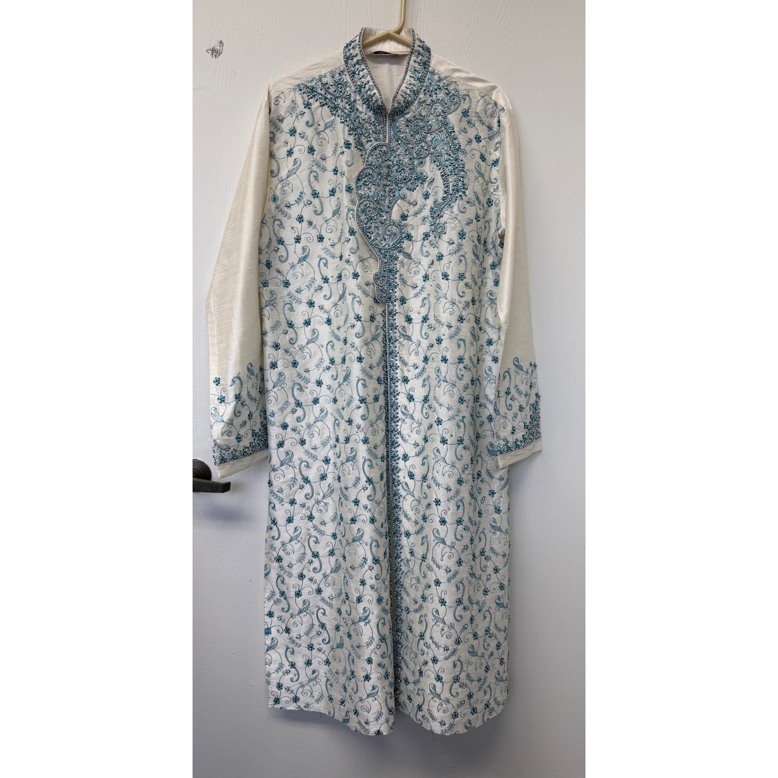 Vintage Shilpi Sherwani Mens Tunic Cream Blue Beaded Embroidered 42cms Pre-2007