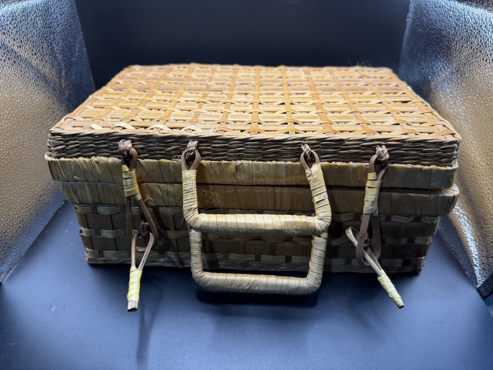 Vintage Woven Bamboo Wicker Suitcase Picnic Basket Storage Box Trunk 