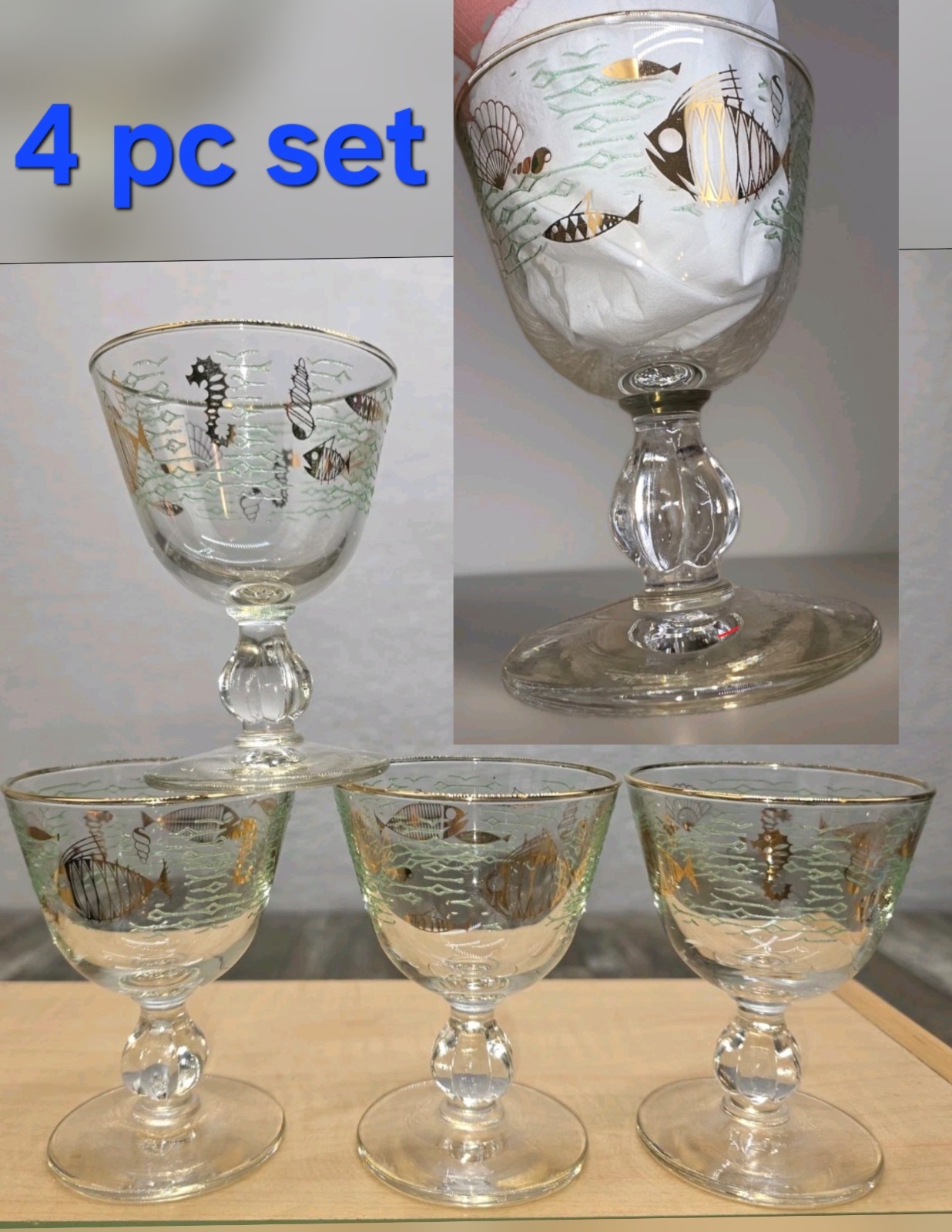 Libbey Atomic Marine Life Cordial / Sherbet Glasses Set of 4 MCM Gold Aqua VGC 