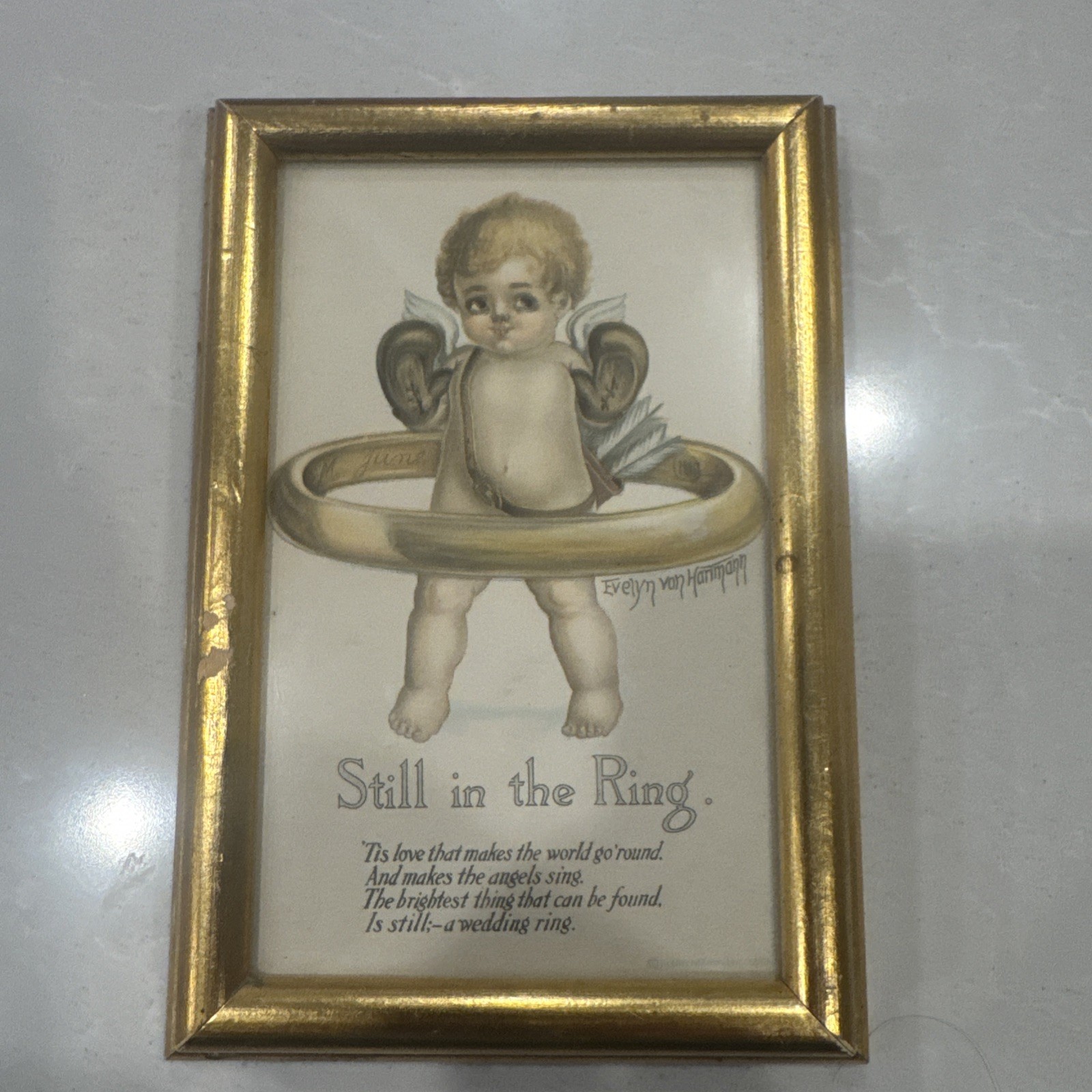 Antique Evelyn von Hartmann Framed Postcard Still In The Ring Cherub Poem 1907