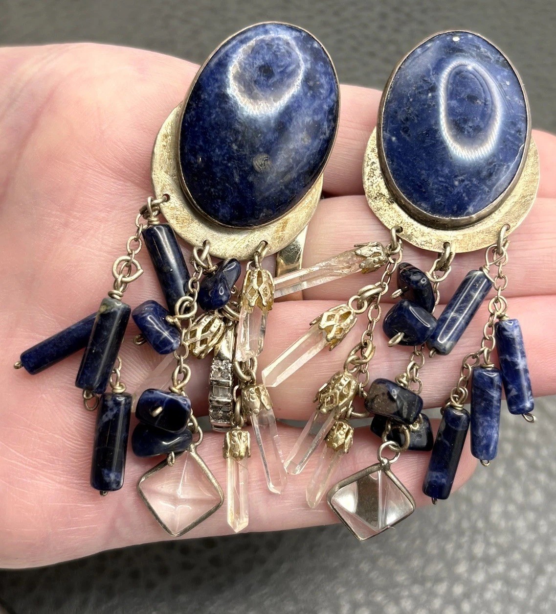 VTG MASSIVE Artisan Sterling Sodalite Blue Cabochon Dangle Earrings Rock Crystal VTG MASSIVE Artisan Sterling Sodalite Blue Cabochon Dangle Earrings Rock Crystal