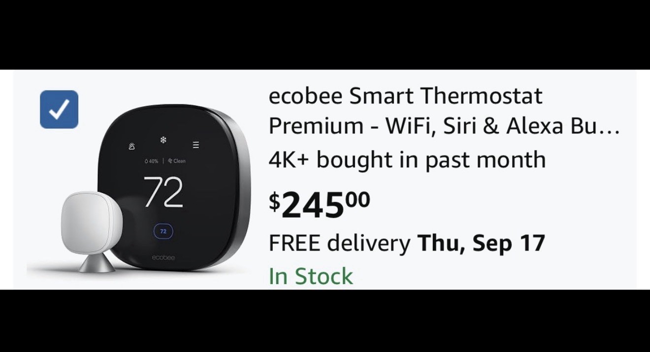 ecobee Smart Thermostat Premium Black Rectangular w/ Remote Sensor