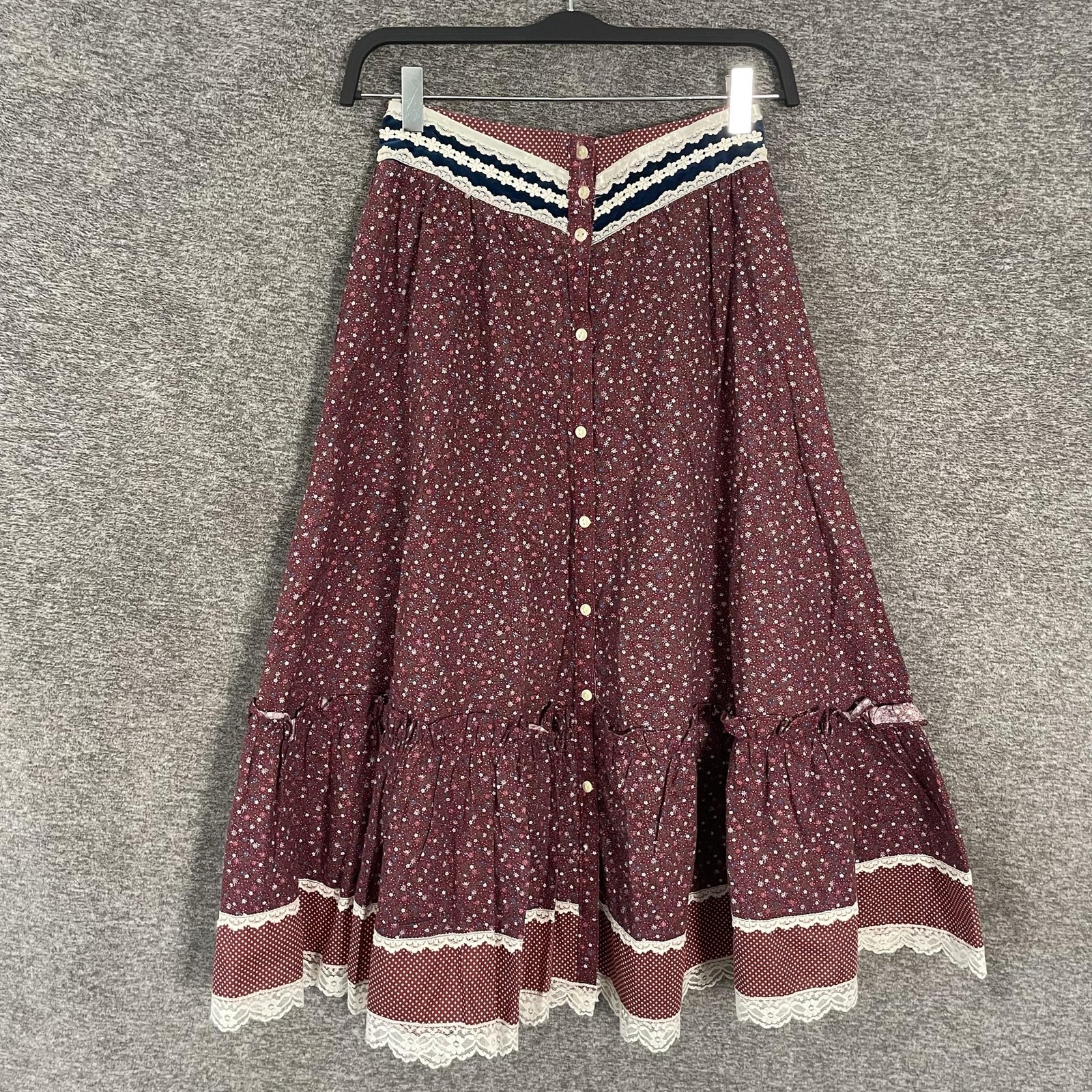 VTG Jessica\'s Gunnies Skirt Juniors 9 Red Floral Lace Peasant Boho Made USA