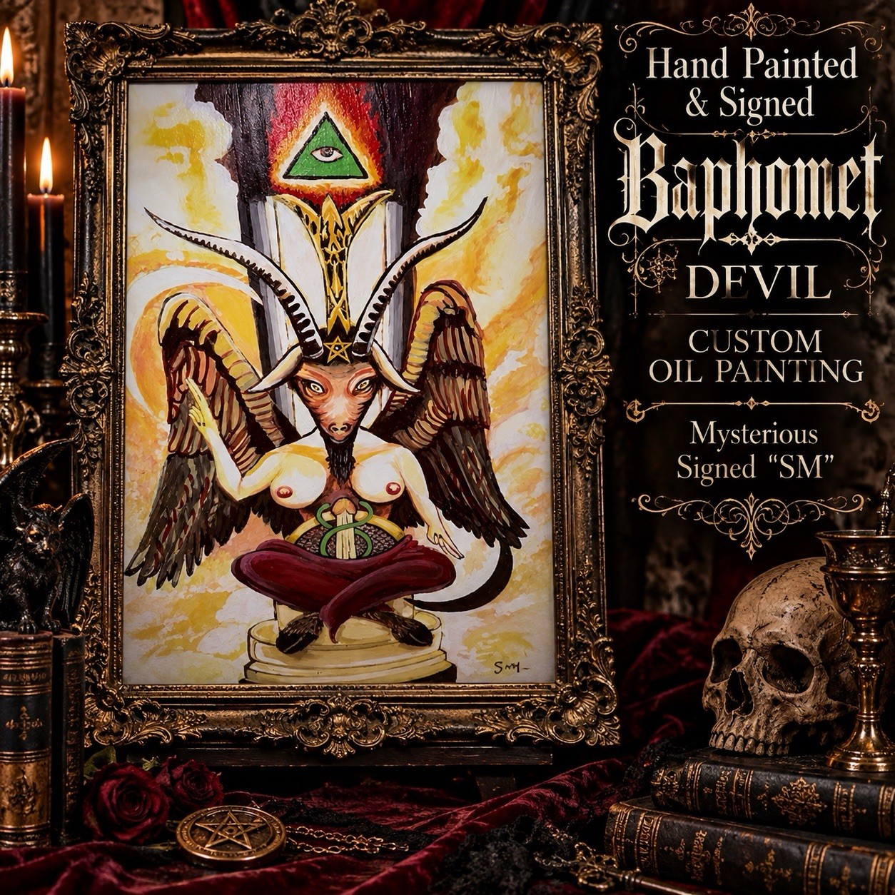 Hand Painted & Signed Baphomet Devil Custom Oil Painting Mysterious Signed “SM” Hand Painted & Signed Baphomet Devil Custom Oil Painting Mysterious Signed “SM”