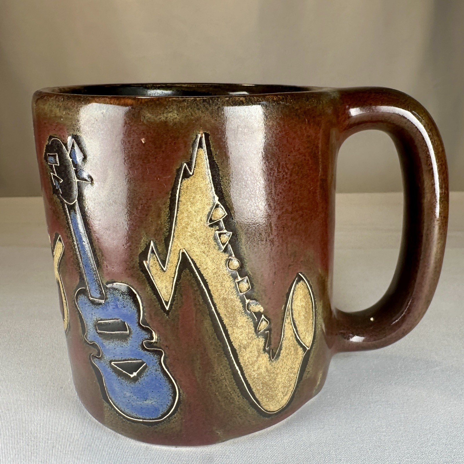Vintage Mata Mexico Art Pottery Mug Musical Instruments Folk Art Stoneware