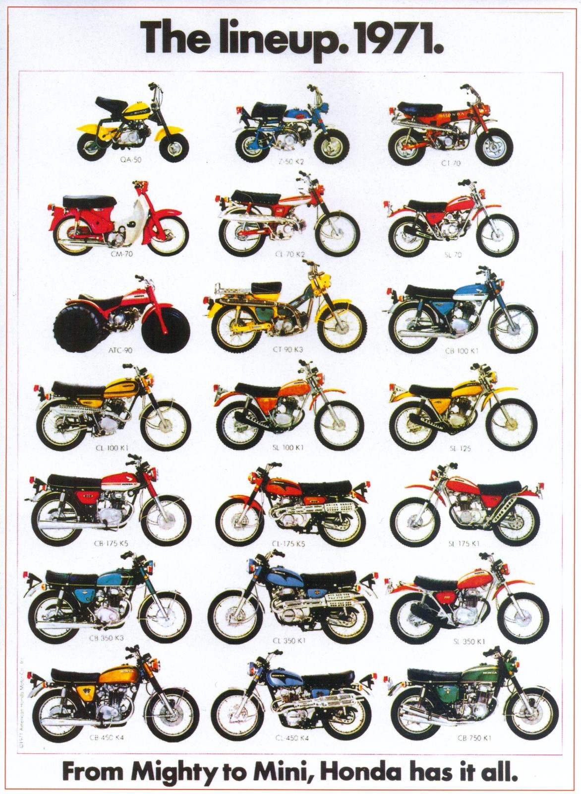 1971 HONDA MOTORCYCLE LINEUP SALES AD/ BROCHURE VINTAGE