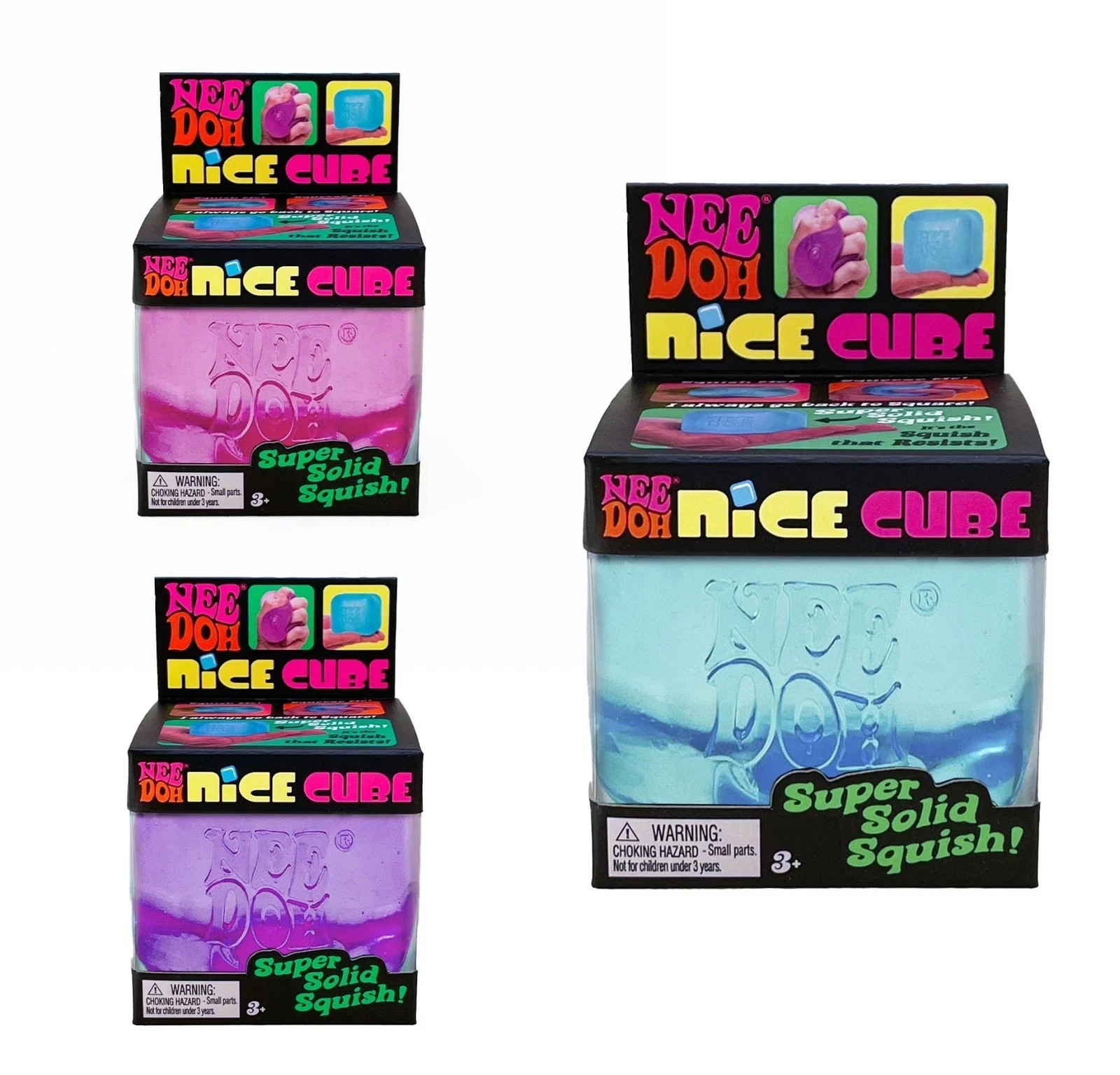 3 PACK Nee Doh Nice Cube Super Solid Squish - Blue Purple Pink - Brand New