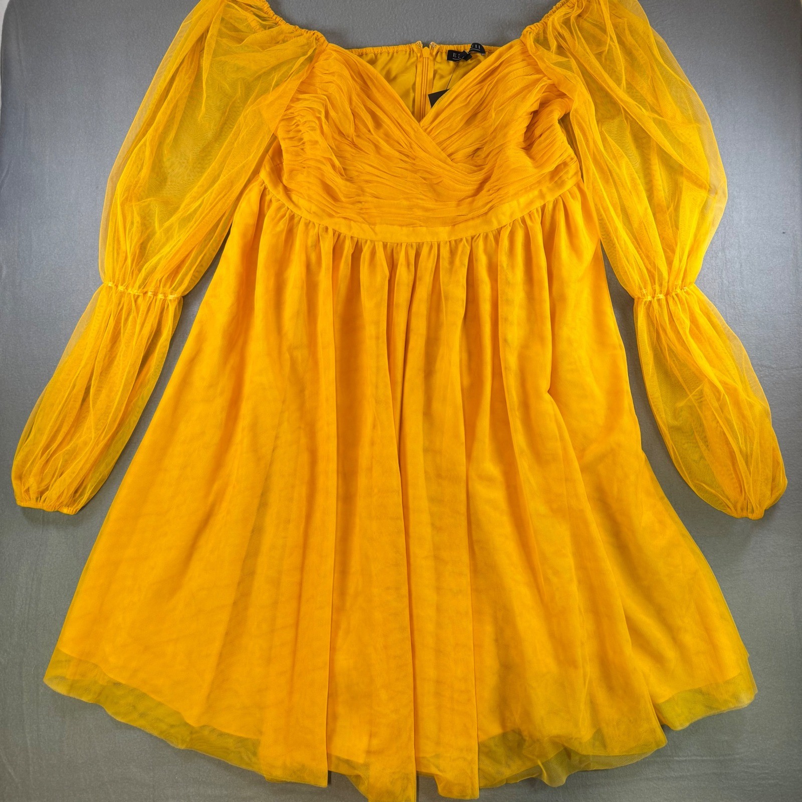 Eloquii Yellow Mesh Ruched Mini Dress Long Sheer Puff Sleeve Plus Size 18 NWT Eloquii Yellow Mesh Ruched Mini Dress Long Sheer Puff Sleeve Plus Size 18 NWT