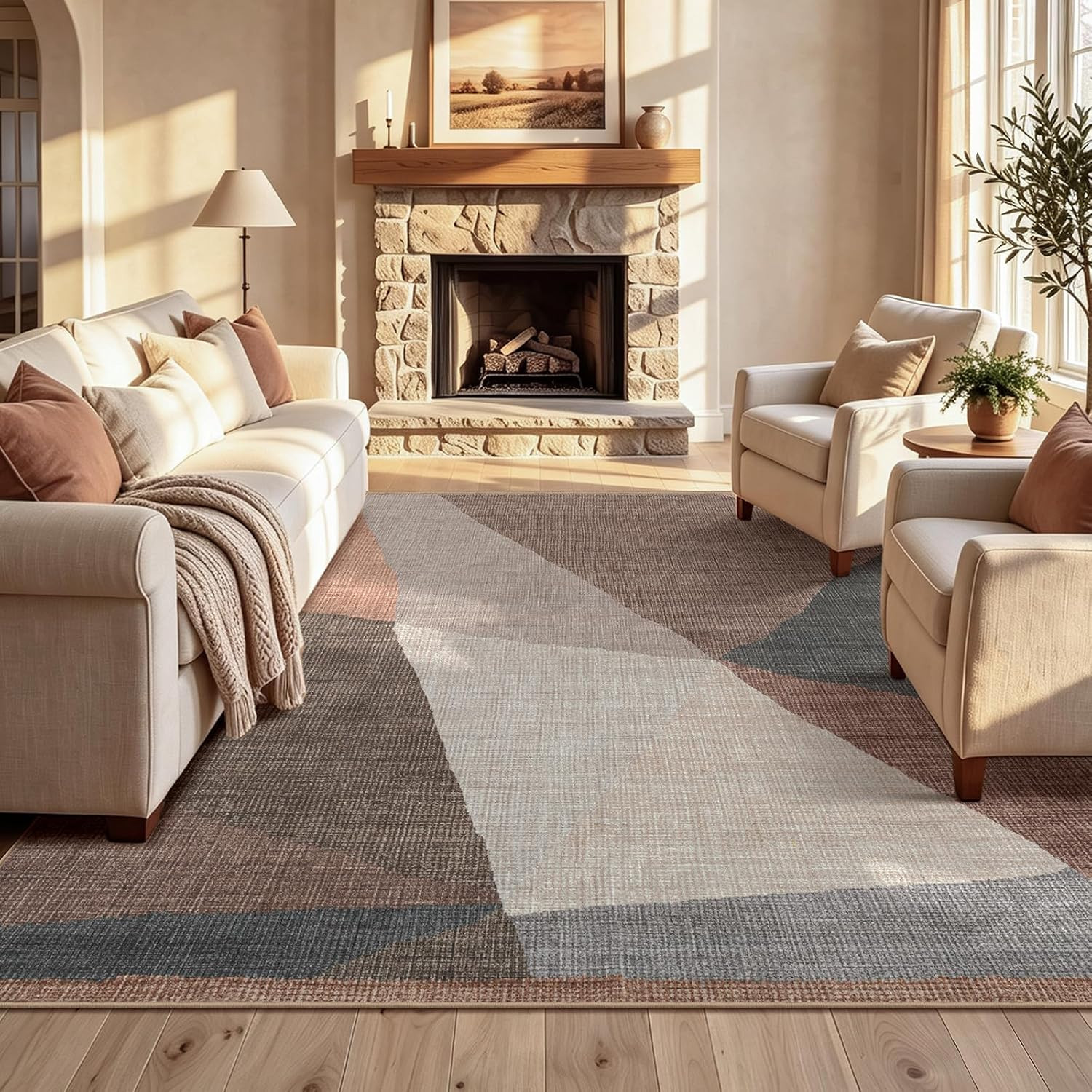 Geometric Area Rug, Washable Non-Slip Low Pile, Brown, 8 X 10 Ft