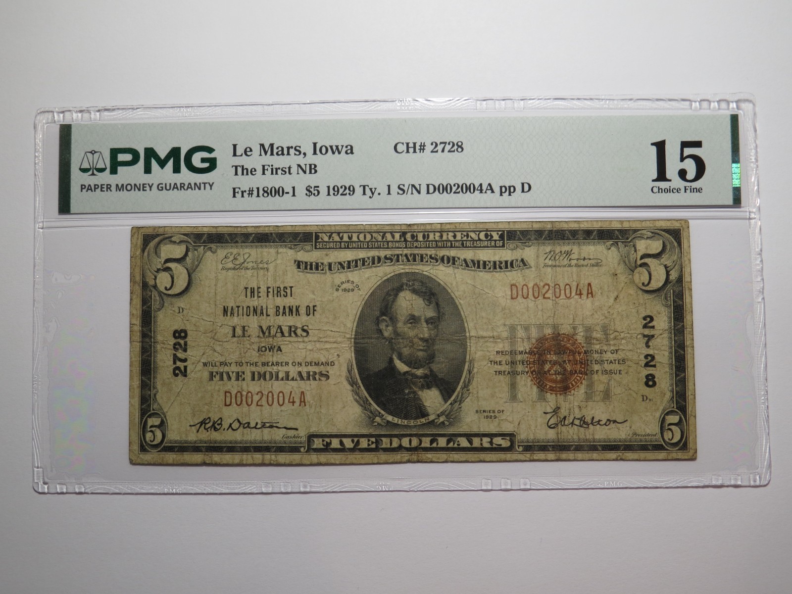 $5 1929 Le Mars Iowa IA National Currency Bank Note Bill Charter #2728 F15 PMG $5 1929 Le Mars Iowa IA National Currency Bank Note Bill Charter #2728 F15 PMG