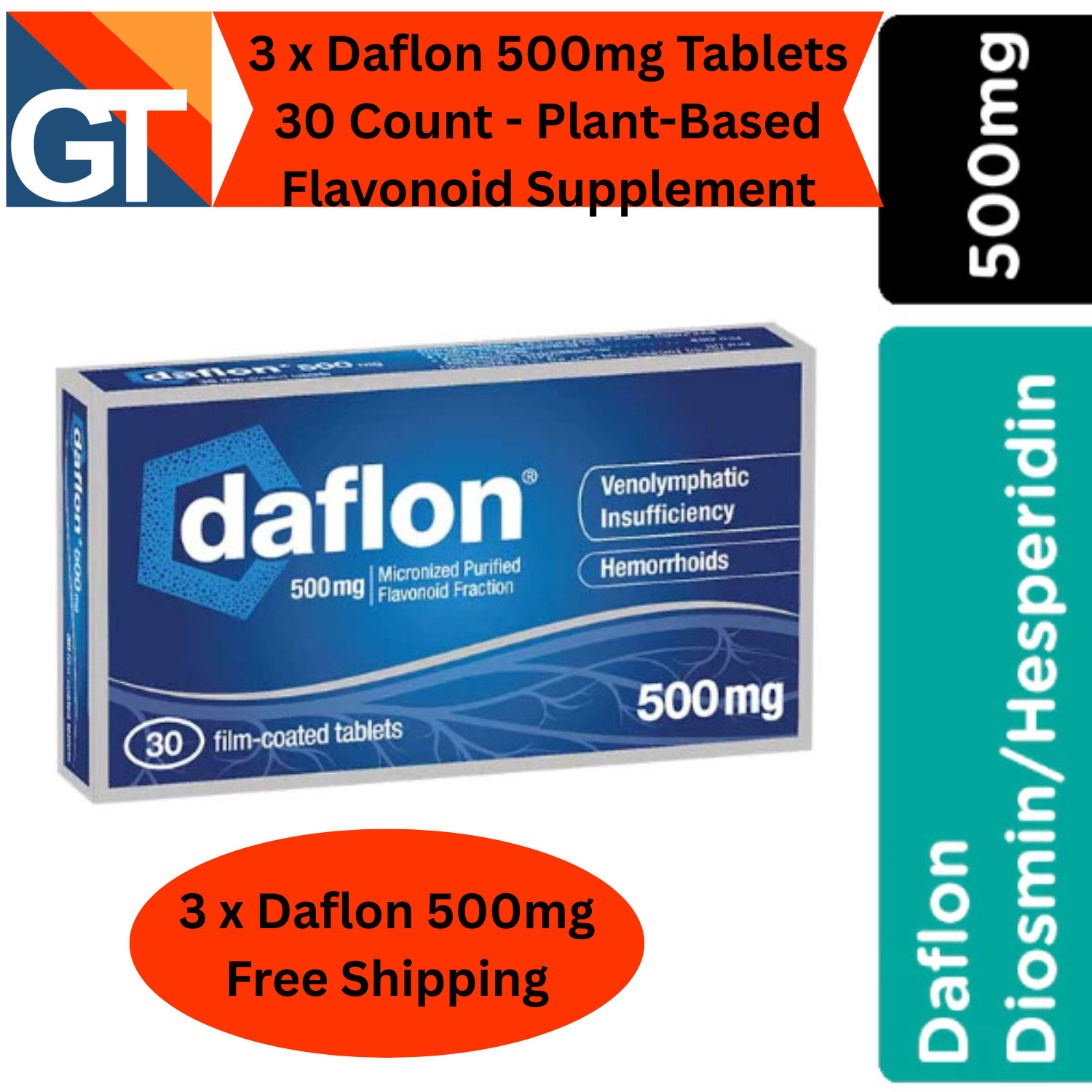 3 X Daflon 500mg Tablets 30 Count - Plant-Based Flavonoid Supplement 