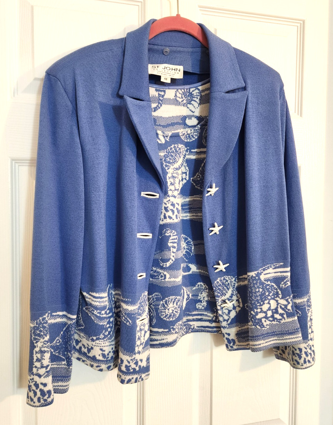 ST. JOHN Collection Marie Gray Blue Knit 2 Piece Cardigan Shell Buttons Size 12