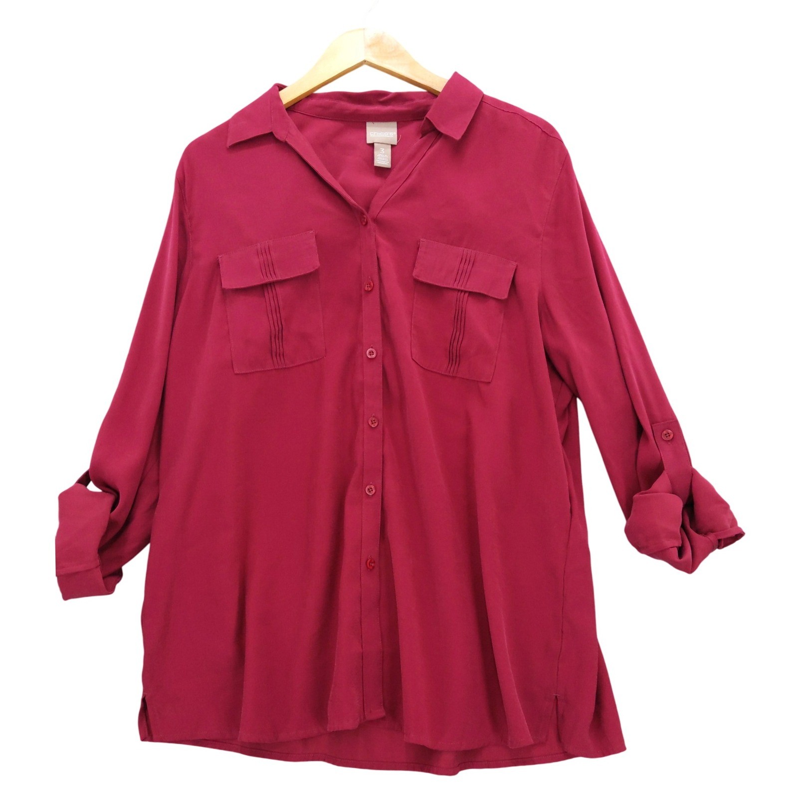 Chicos Roll Tab Sleeve Button Down Shirt Sz 3 XL Top Pintuck Pockets