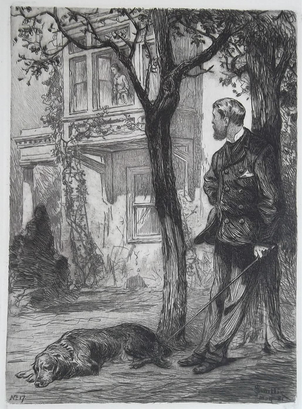 LOVERS Modern Romeo Dog Juliet at Window -1882 ORIGINAL ETCHING by J.D. Smillie