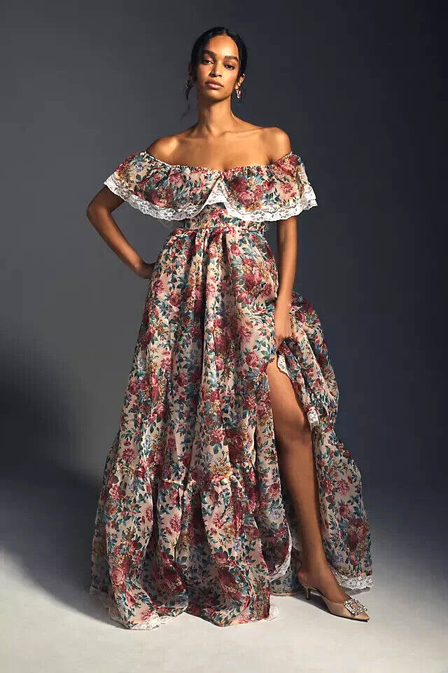 Anthropologie Selkie Romance Novel Dress Off Shoulder BallGown Floral Sz M NEW
