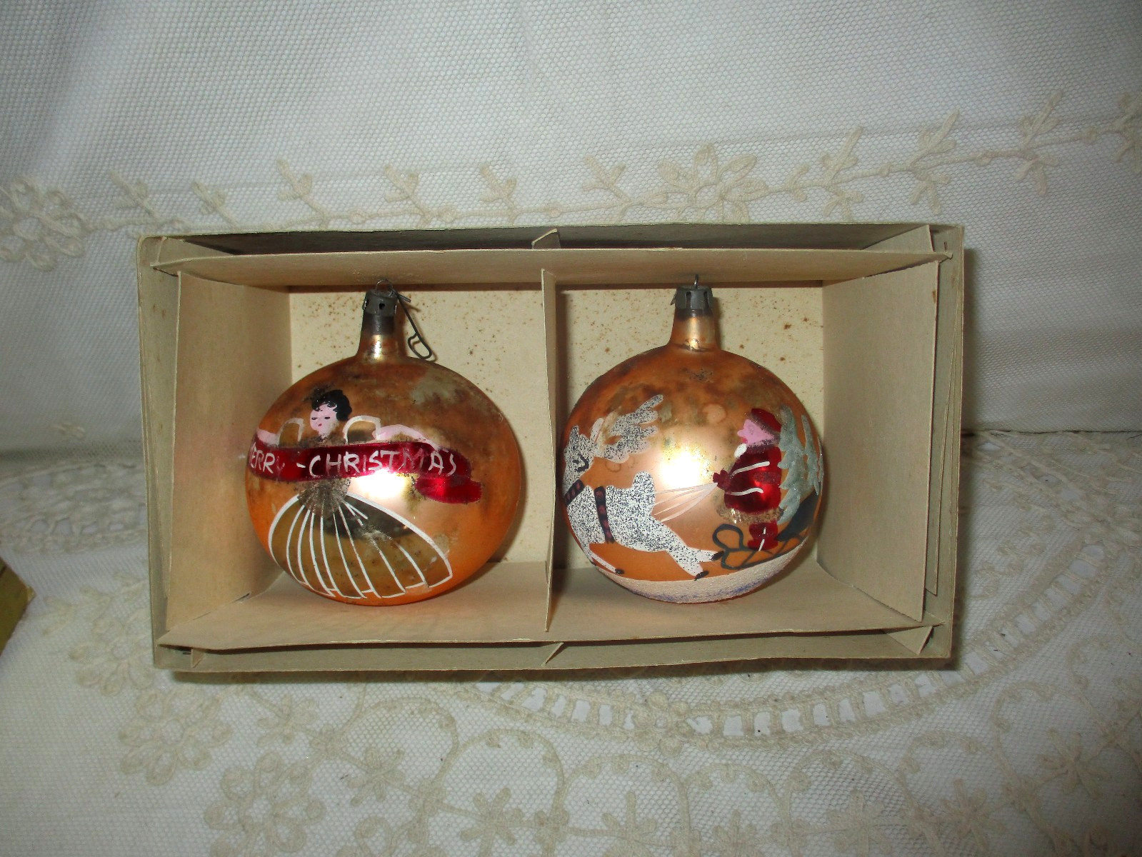 VTG Poland PR Christmas Jumbo Ornaments Santa Reindeer Angel Mica Glitter~Boxed~