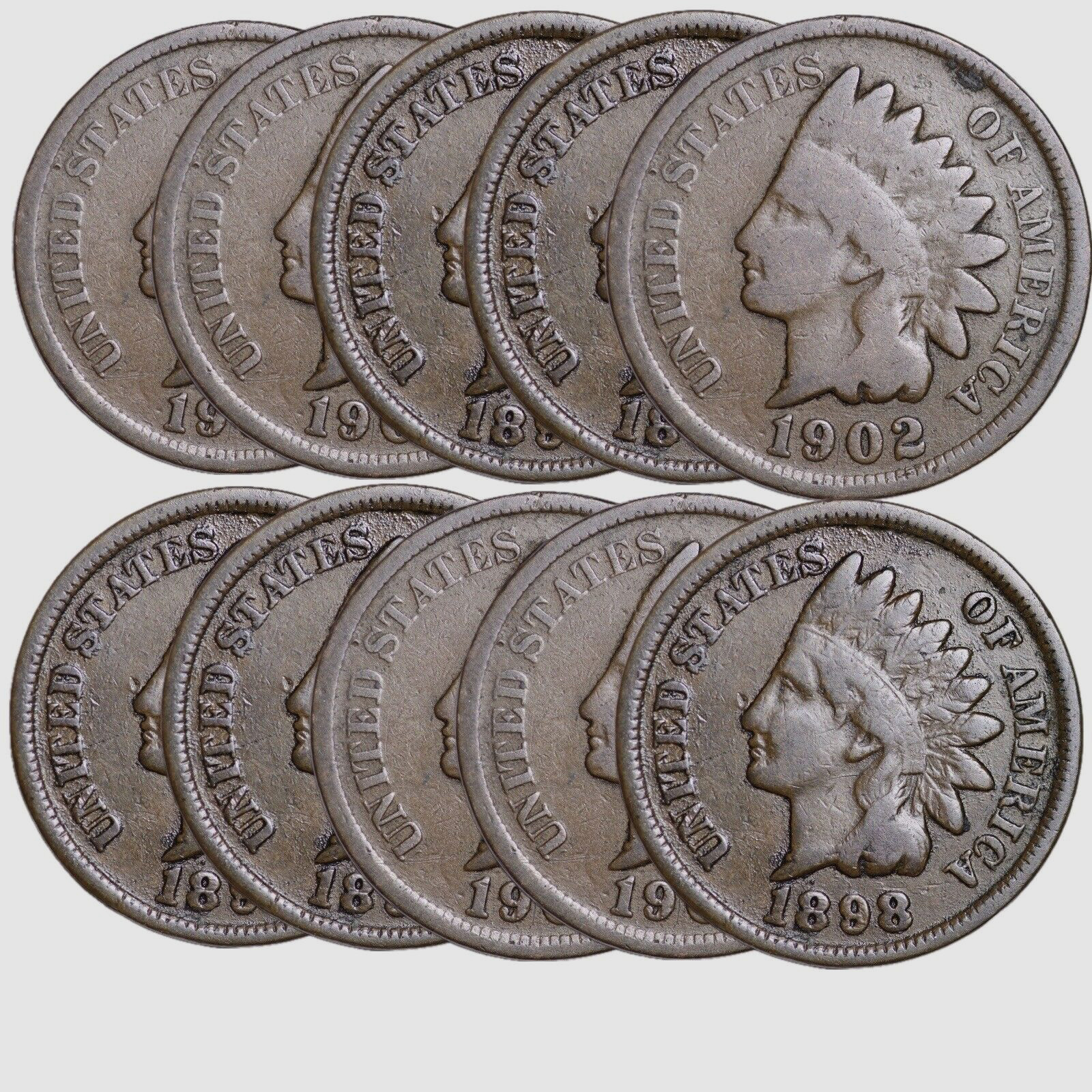 LOT OF 10 Indian Head Cent Pennies in G/VG (10 PC. LOT) CIRCULATED SUPER NICE = LOT OF 10 Indian Head Cent Pennies in G/VG (10 PC. LOT) CIRCULATED SUPER NICE =