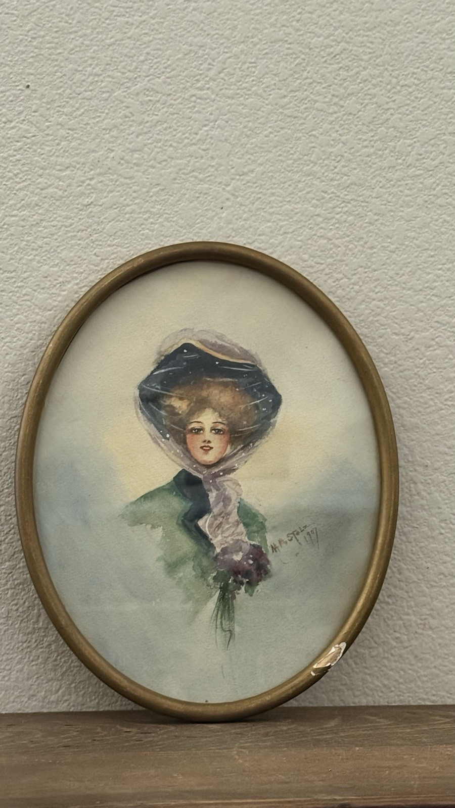 Antique Original Watercolor Edwardian Lady Oval Frame 11”x8.5” Signed 1907
