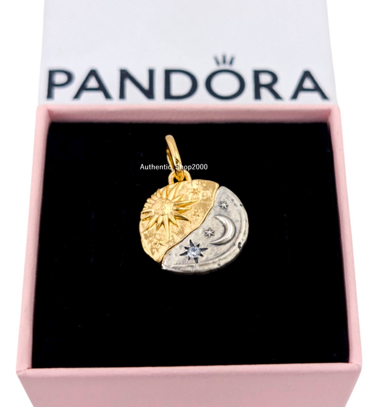 New 100%  Authentic PANDORA Two tone Sun & Moon Medallion Charm 763977C01